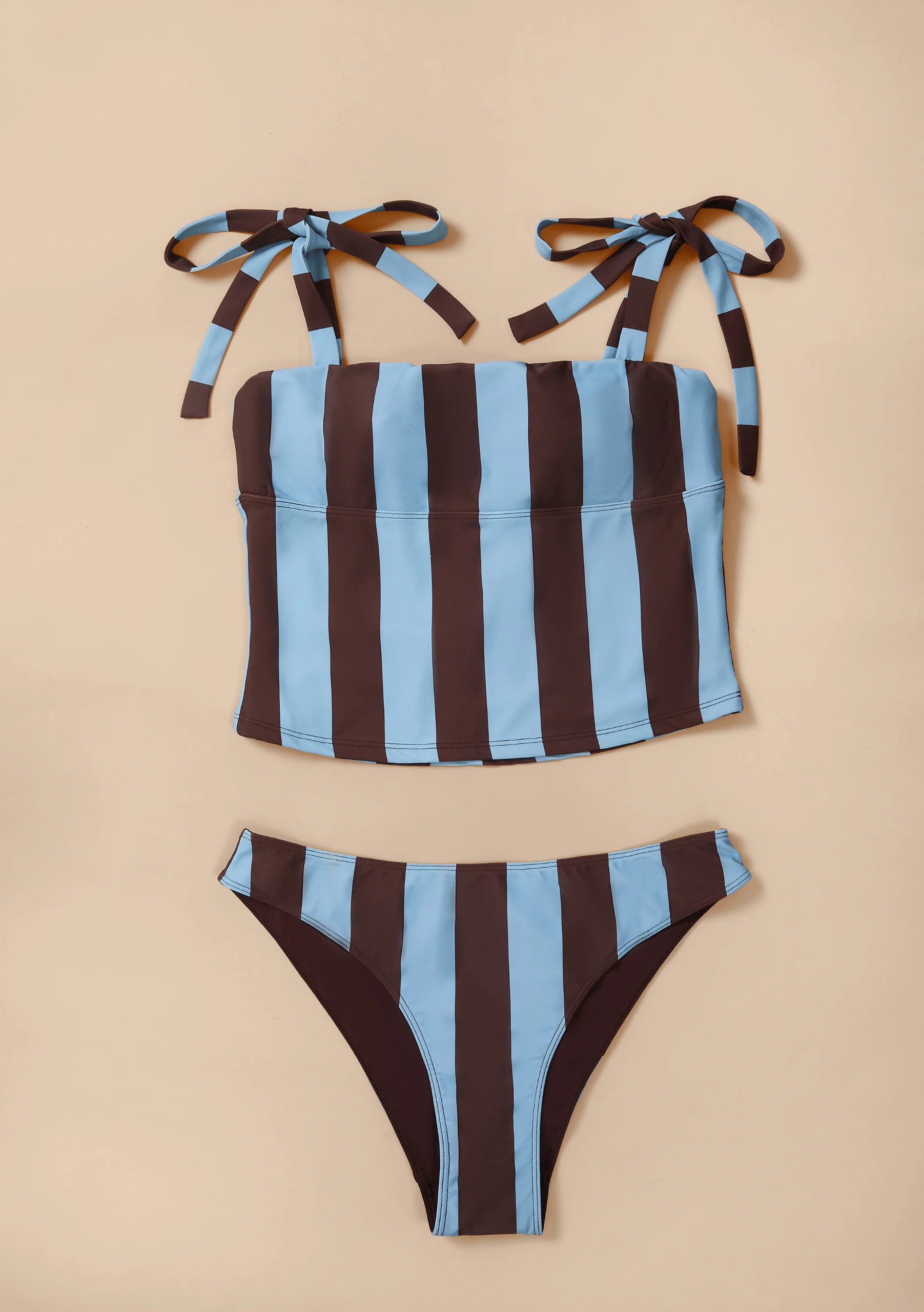 Bow Tankini Top in Blue & Brown Stripe - Image 2