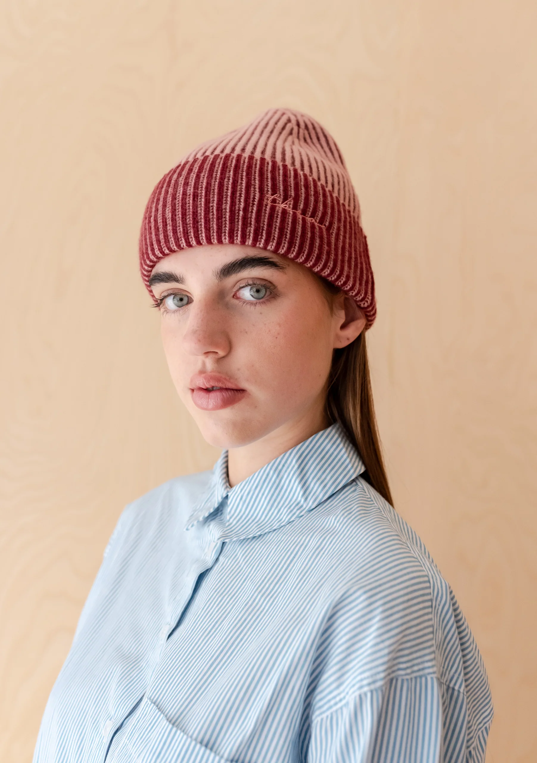 Cashmere & Merino Two-Tone Beanie in Pink