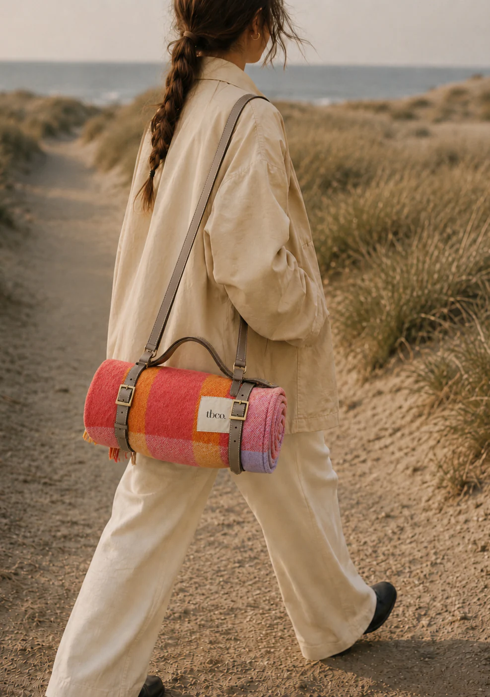 Classic Recycled Wool Picnic Blanket in Orange Frame Stripe - Image 4