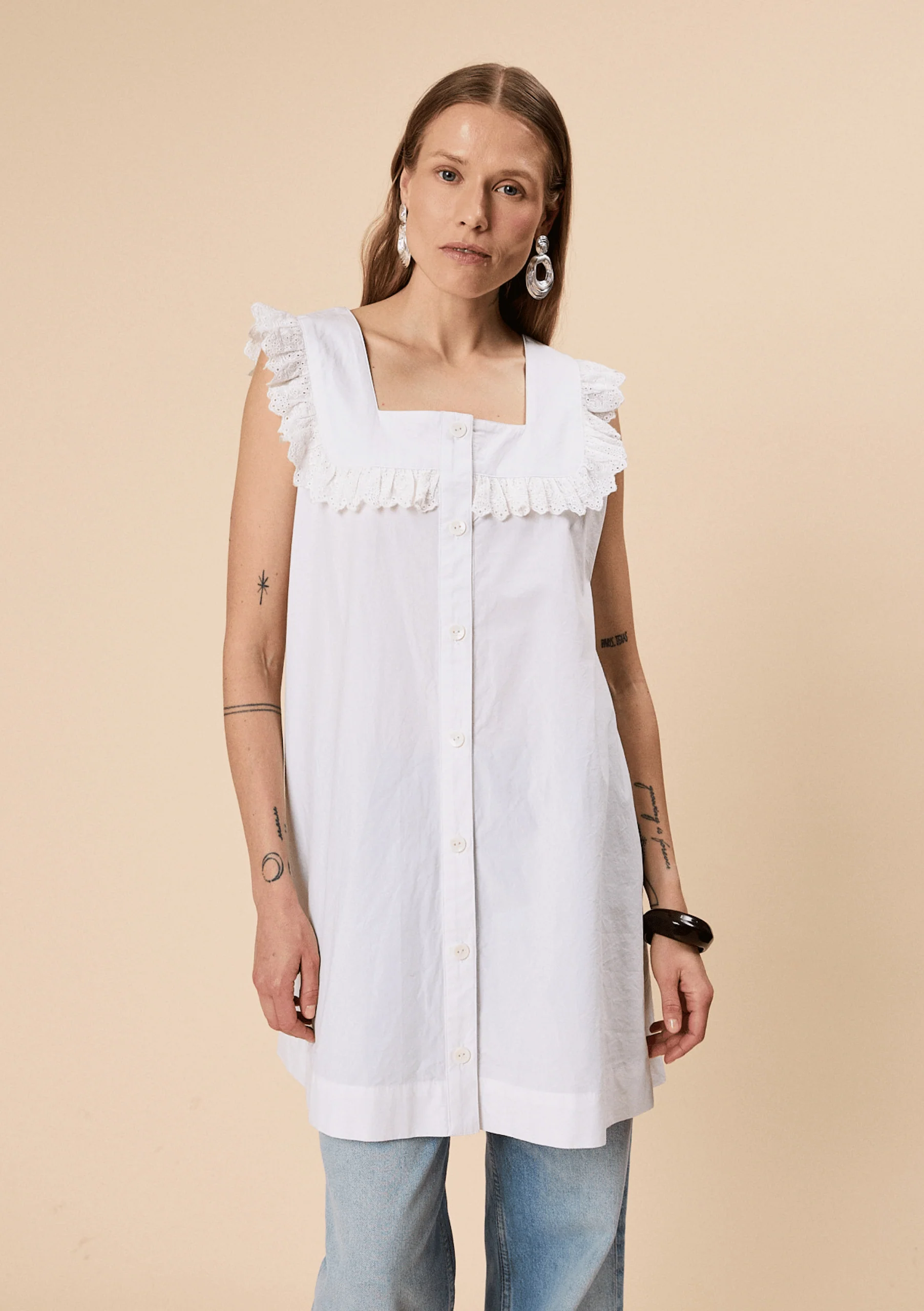 Cotton Broderie Sleeveless Dress in White - Image 3