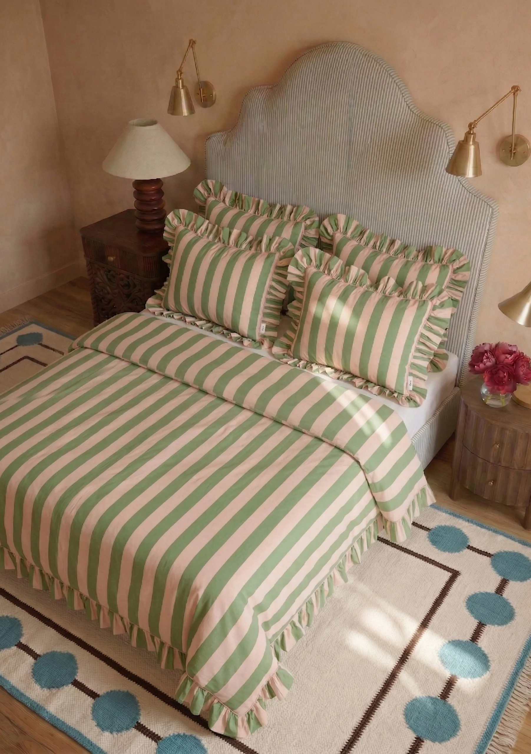 100% Cotton Bedding in Green Stripe