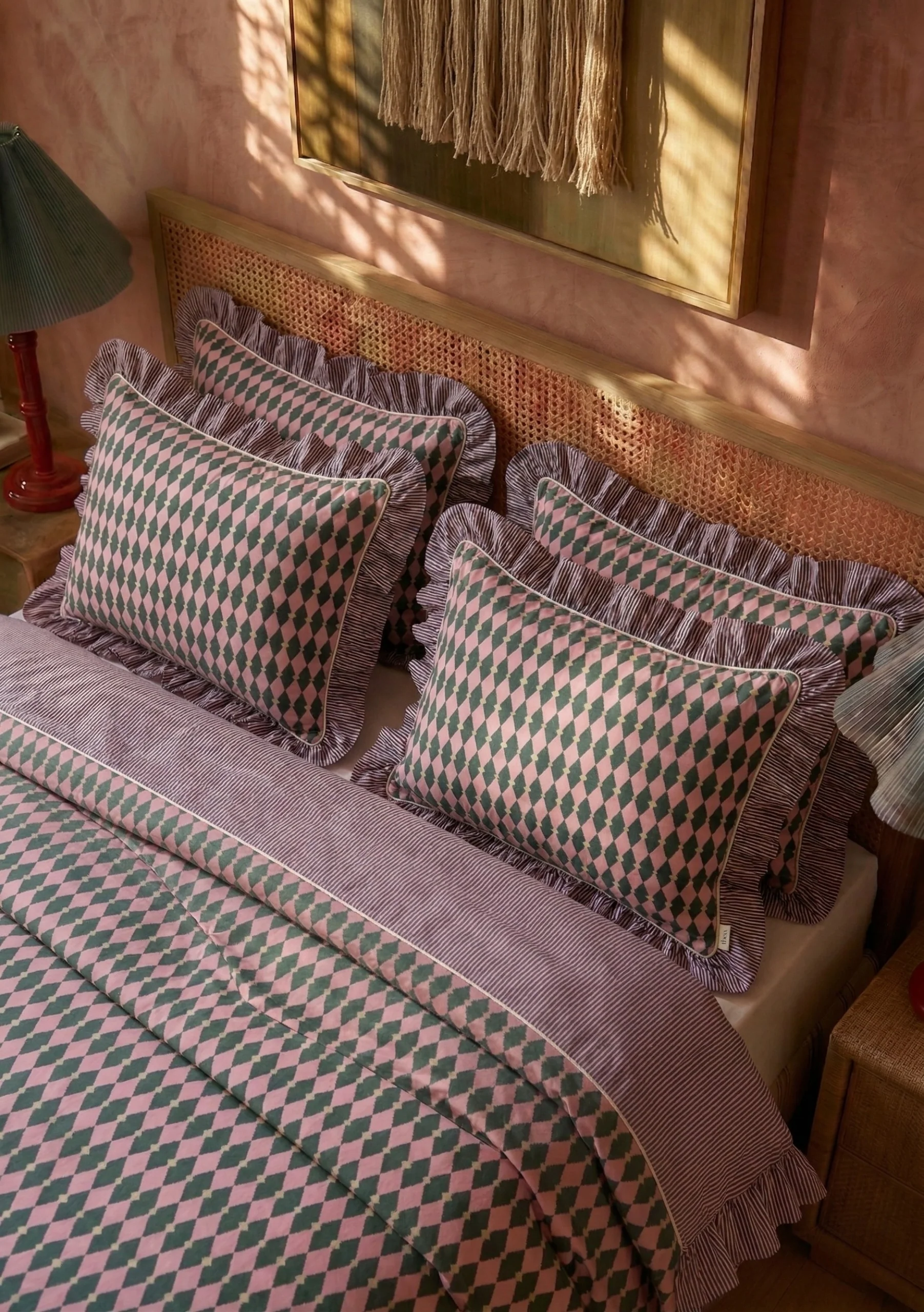 100% Cotton Bedding in Pink Harlequin