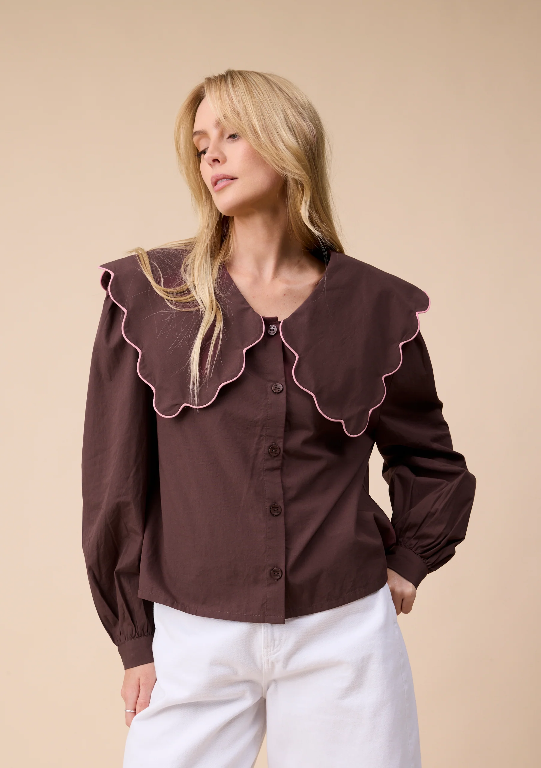 Cotton Shirt in Brown Scallop