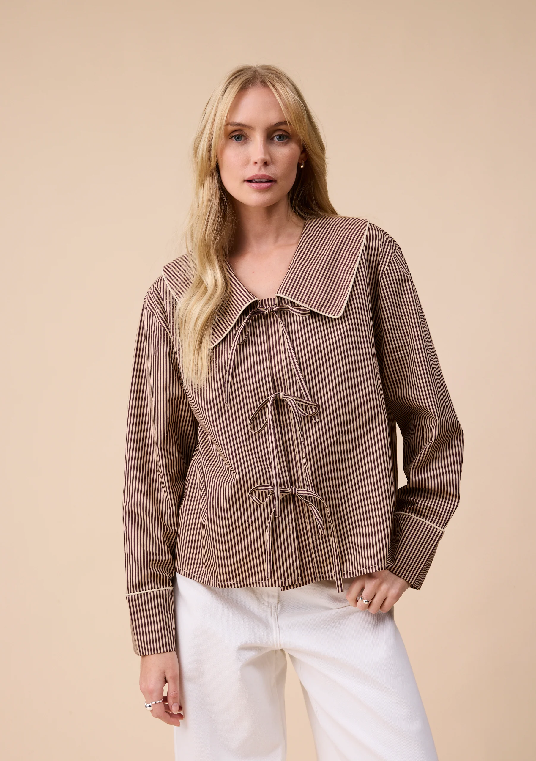 Cotton Shirt in Camel Stripe - Image 3