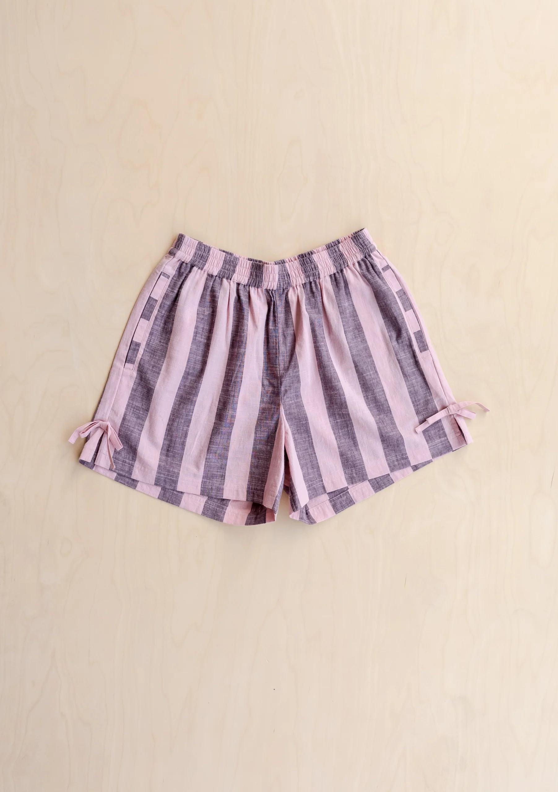 Cotton Tie Shorts in Pink & Burgundy Stripe - Image 3