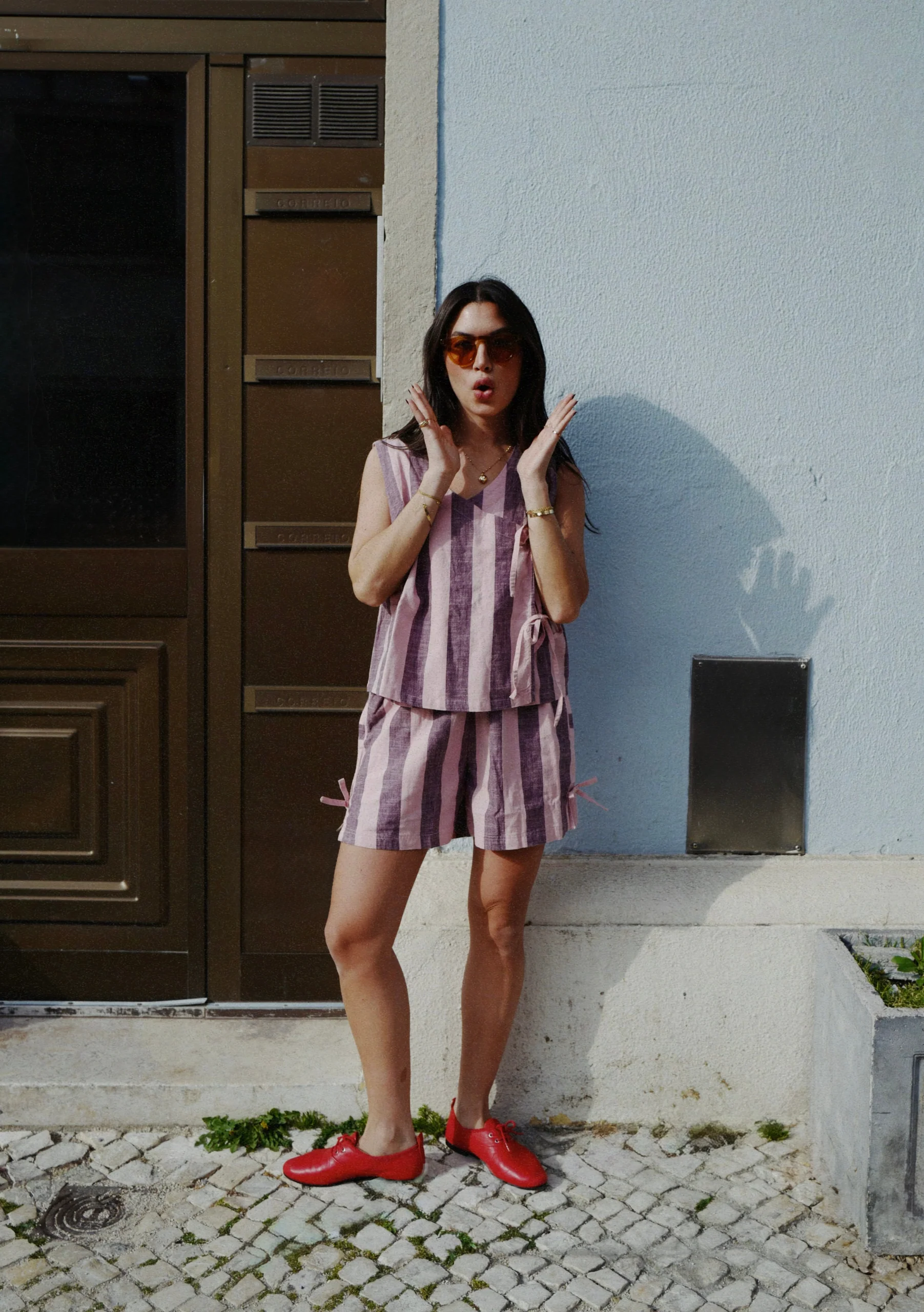 Cotton Tie Shorts in Pink & Burgundy Stripe - Image 5