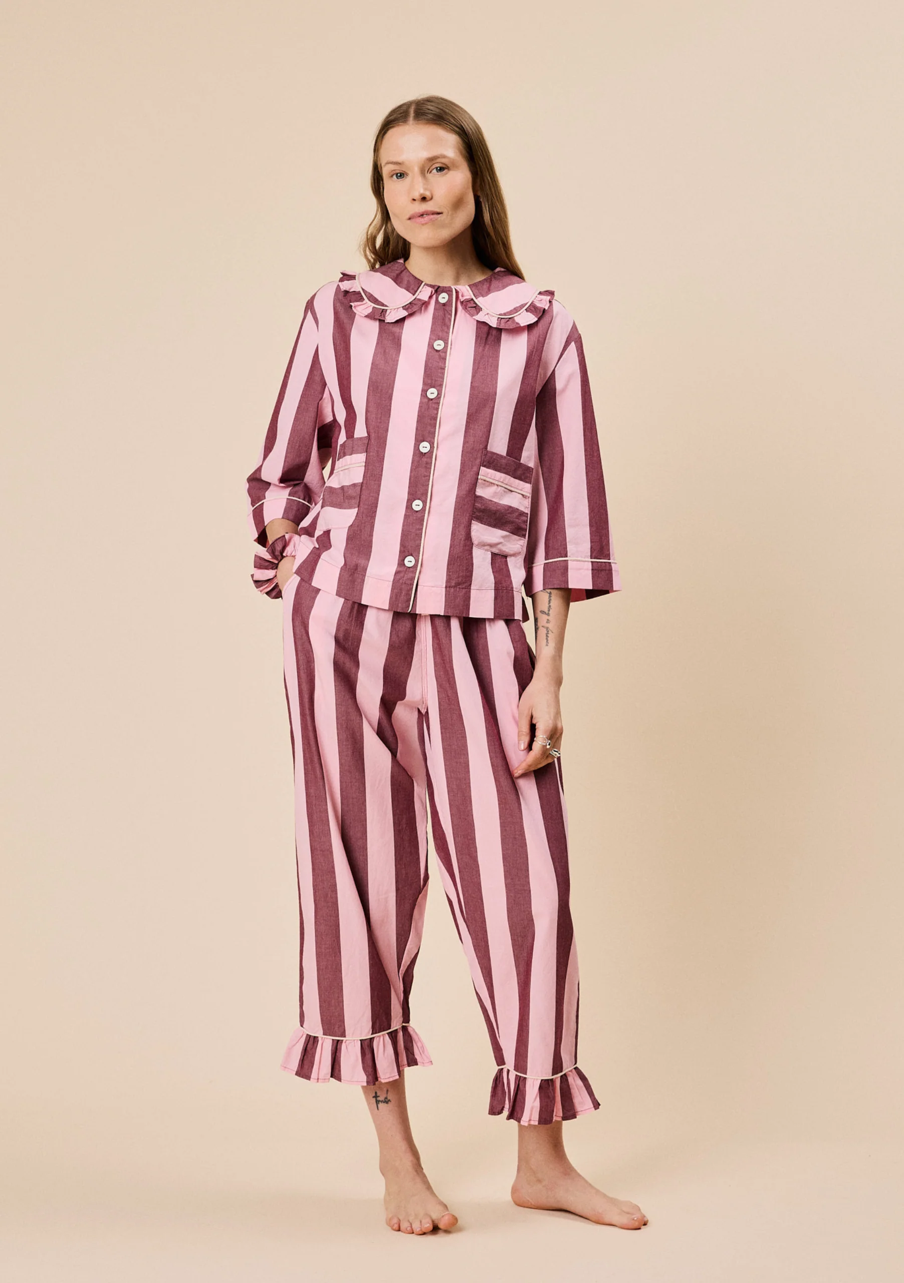Cropped Cotton Pyjamas in Pink & Burgundy Stripe - Image 2