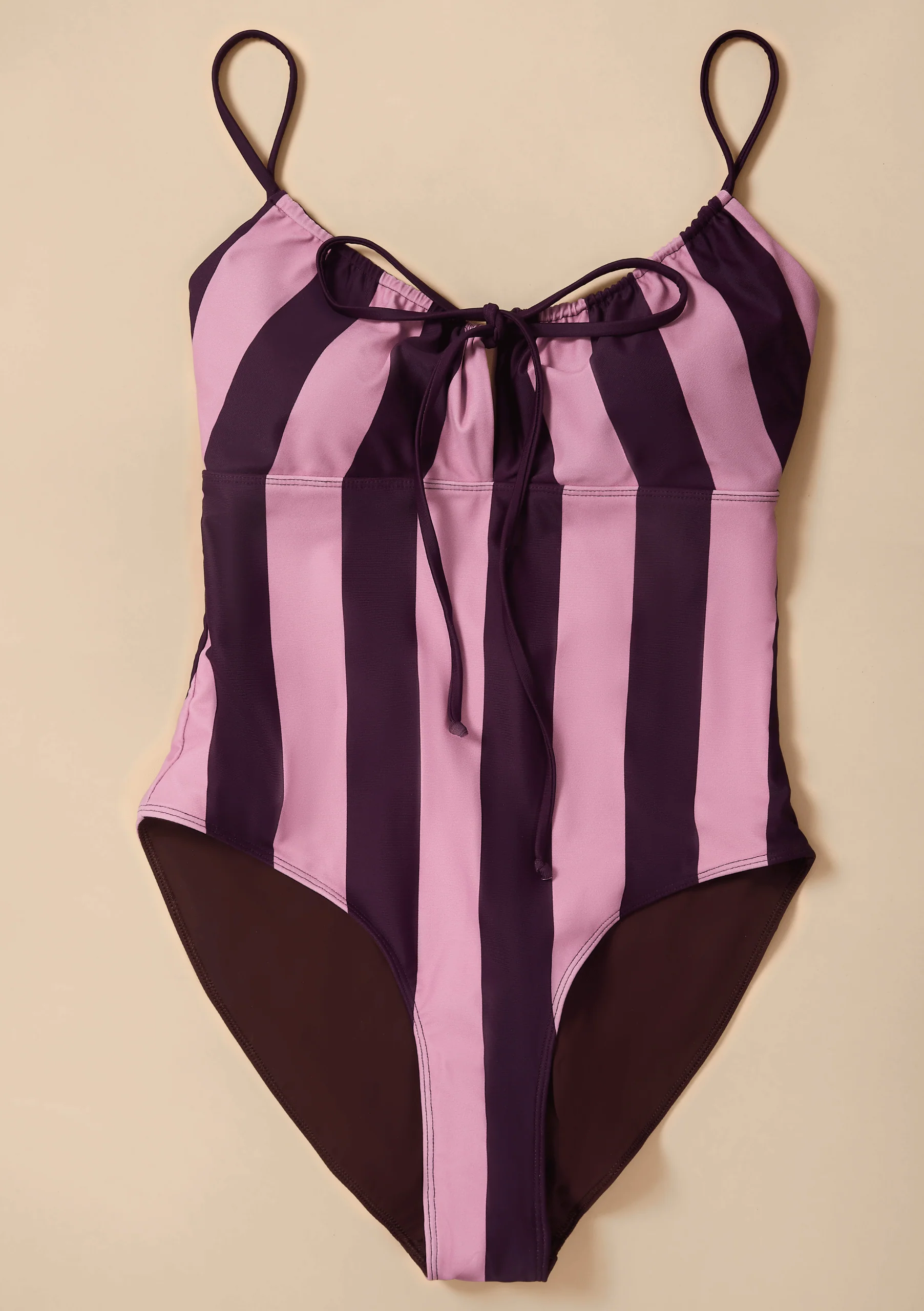 Gathered Swimsuit in Pink & Burgundy Stripe - Image 2