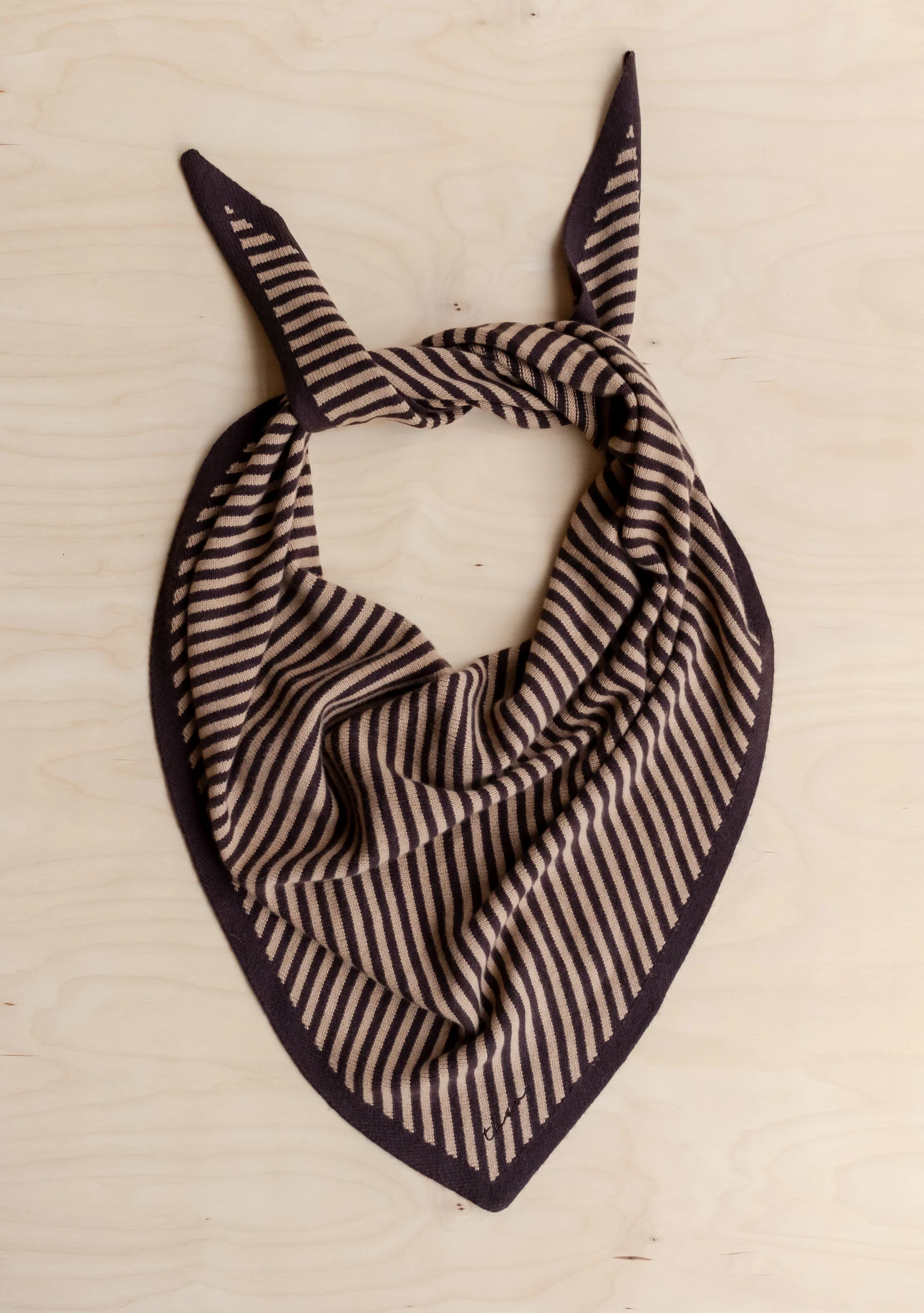 Large Merino Wool Triangle Scarf in Camel & Brown Stripe - Image 3