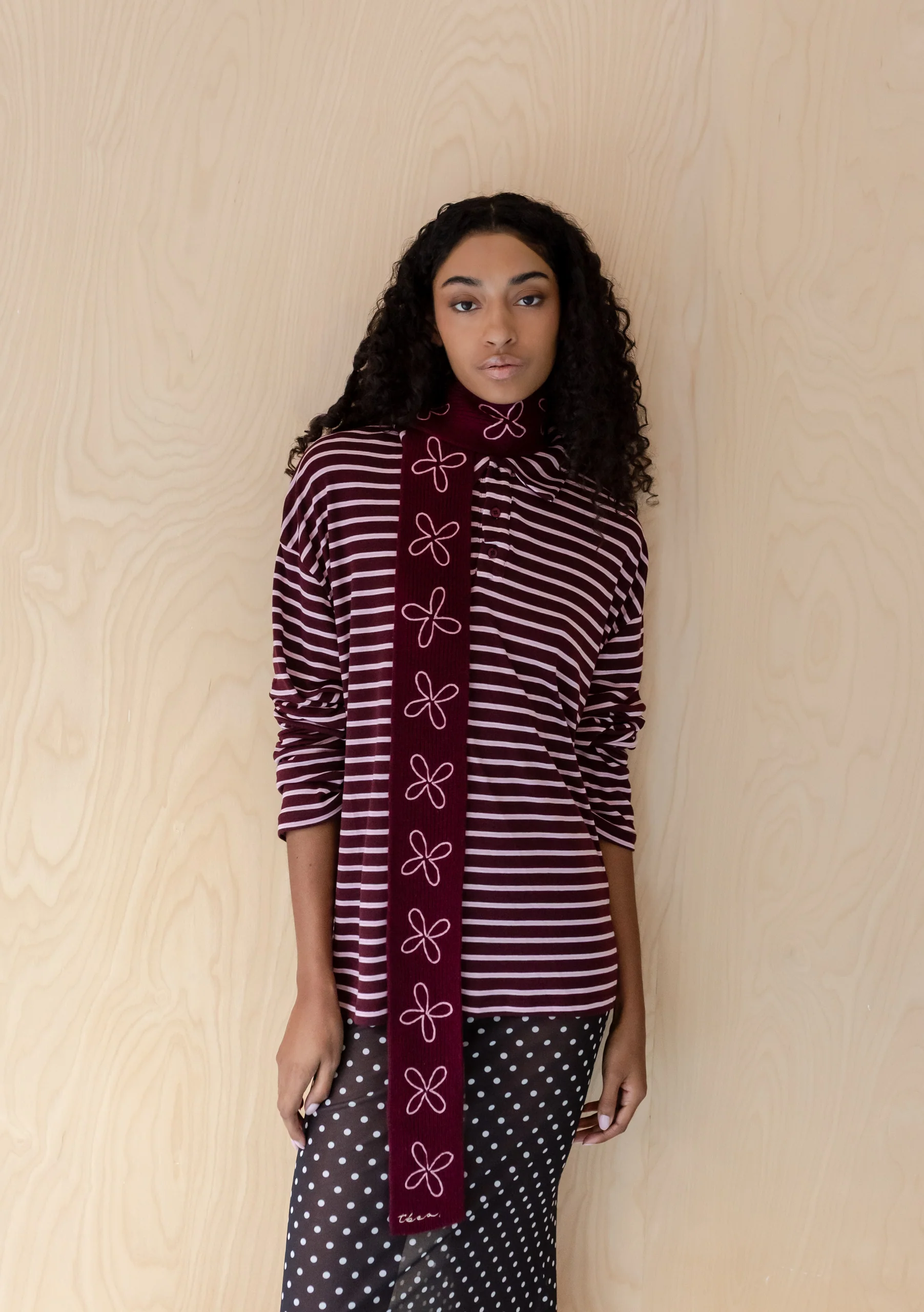 Merino Wool Skinny Scarf in Burgundy Flora