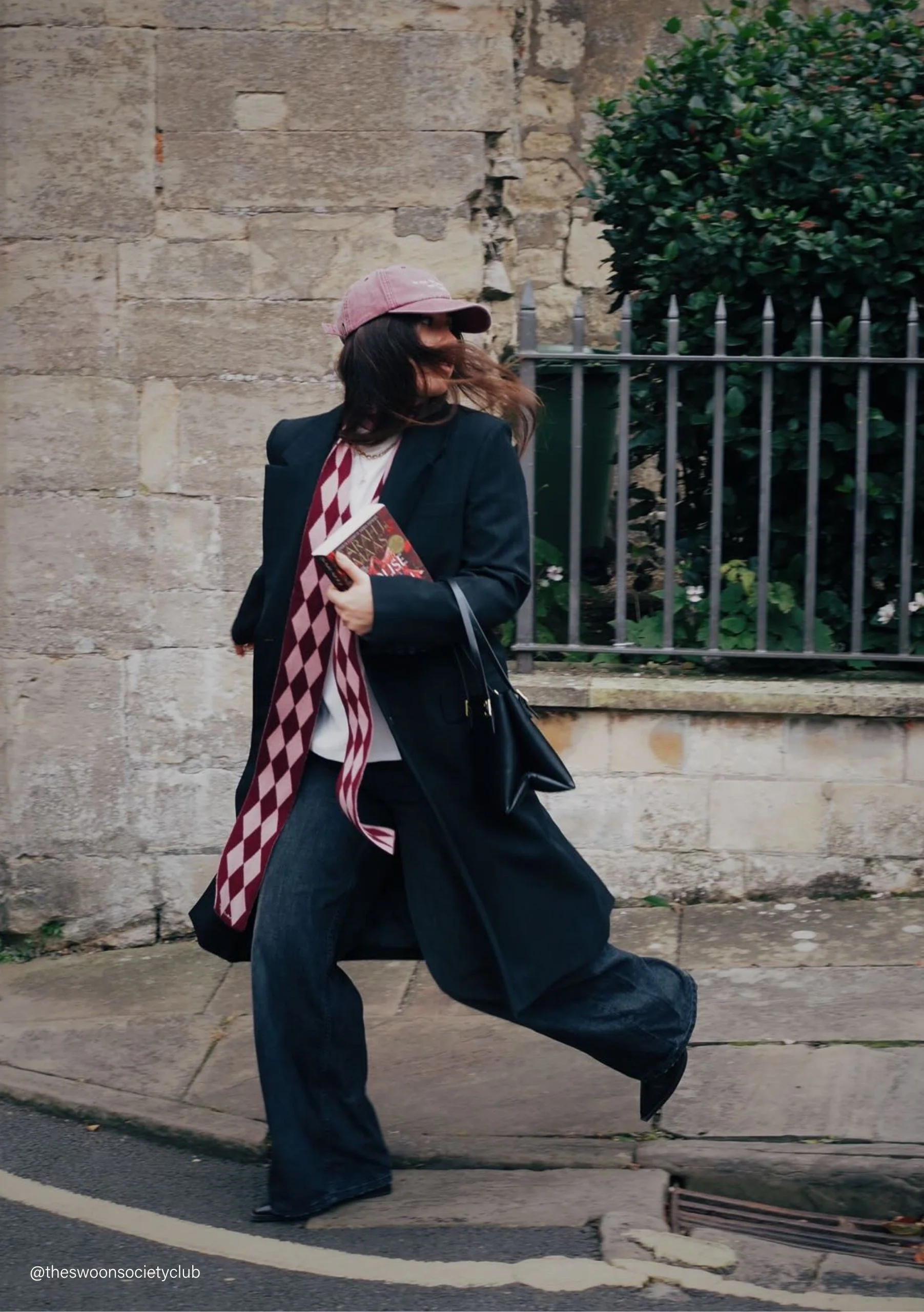 Merino Wool Skinny Scarf in Burgundy Harlequin - Image 2