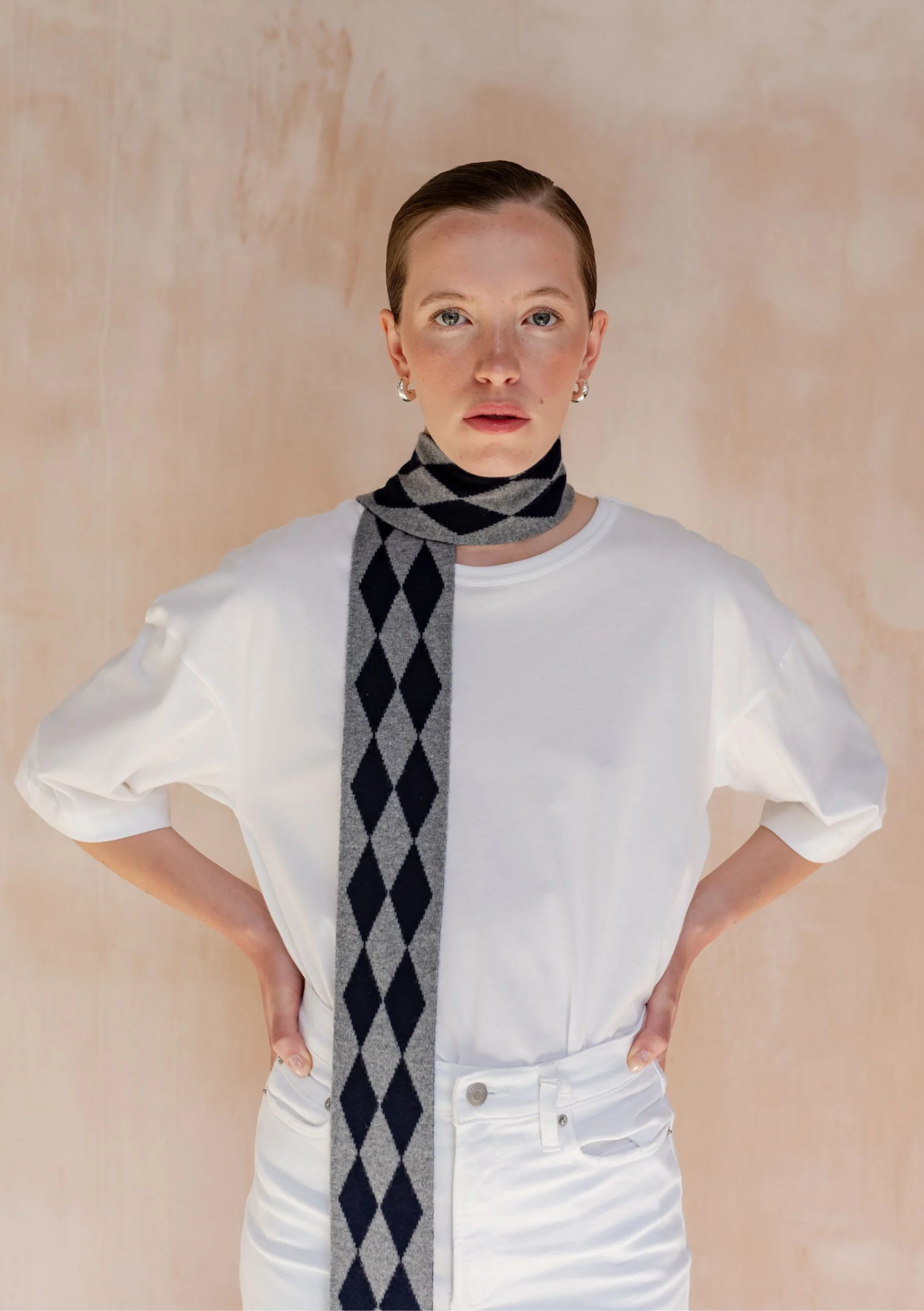 Merino Wool Skinny Scarf in Charcoal Harlequin