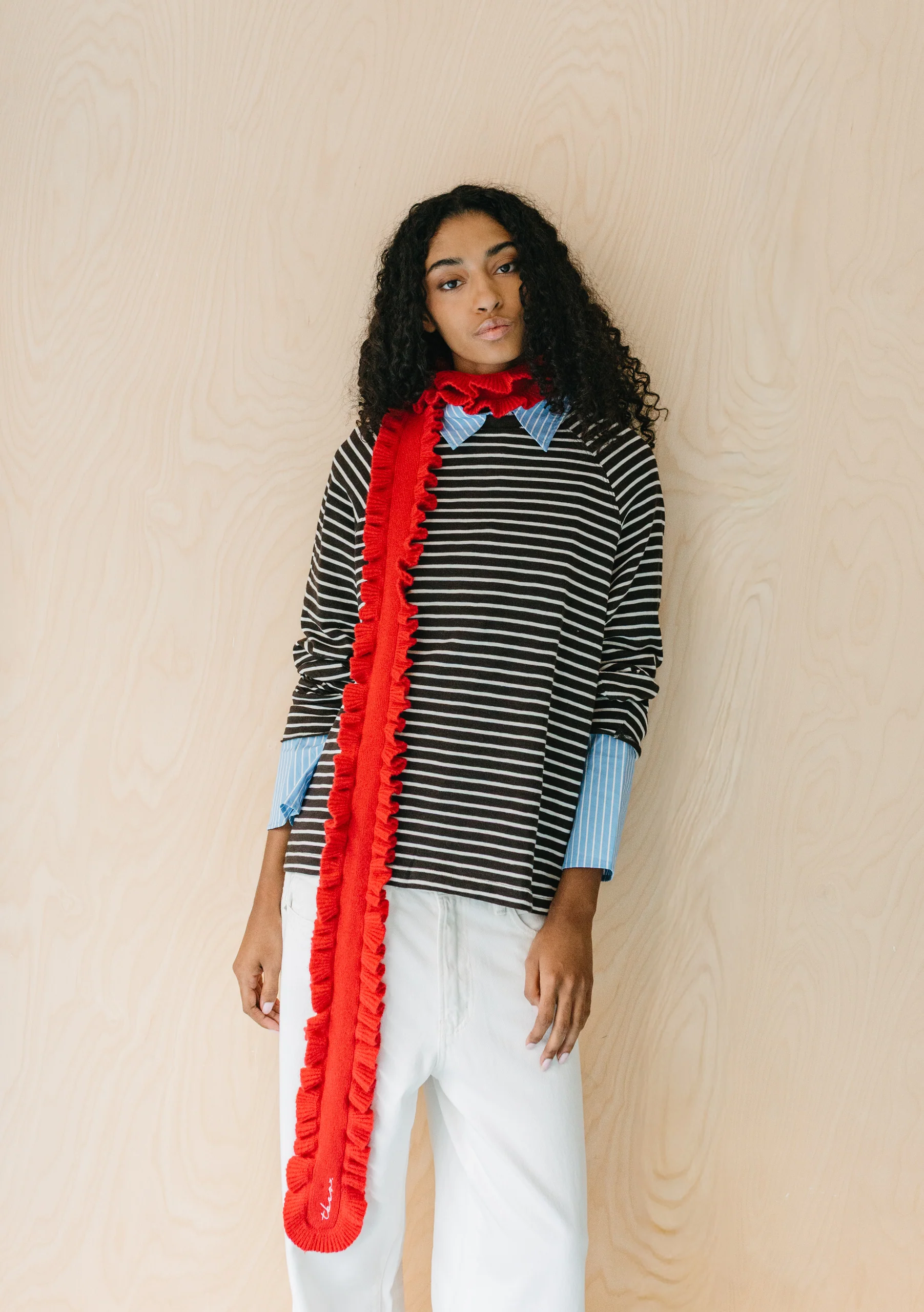 Merino Wool Skinny Scarf in Red Ruffle - Image 3