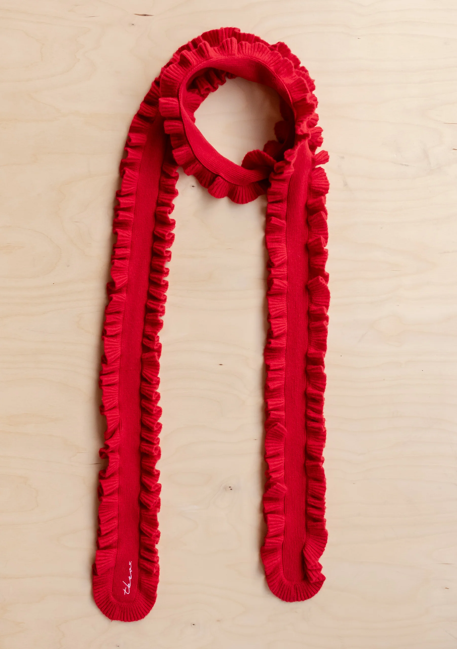 Merino Wool Skinny Scarf in Red Ruffle - Image 4