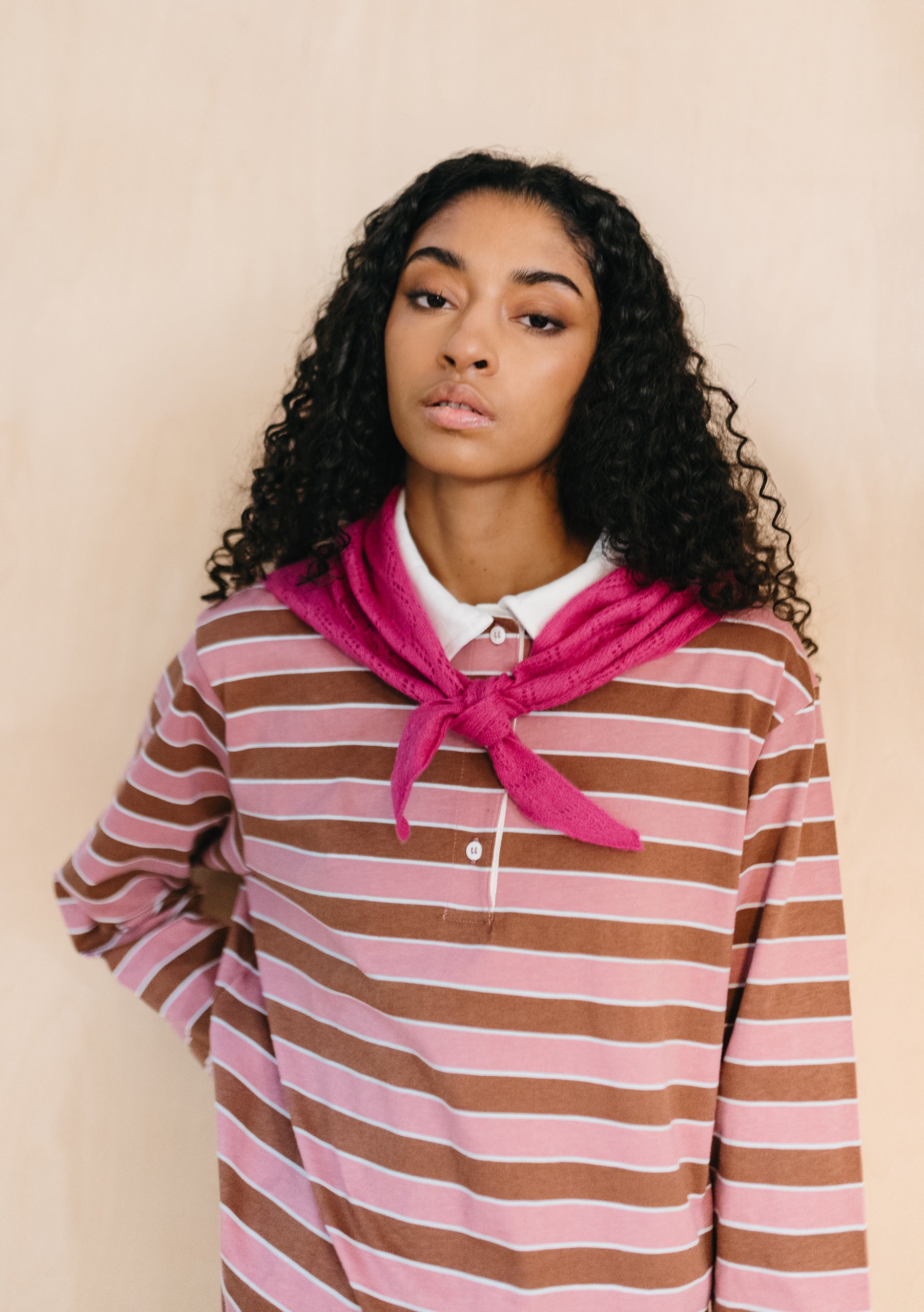 Merino Wool Triangle Scarf in Magenta Pointelle
