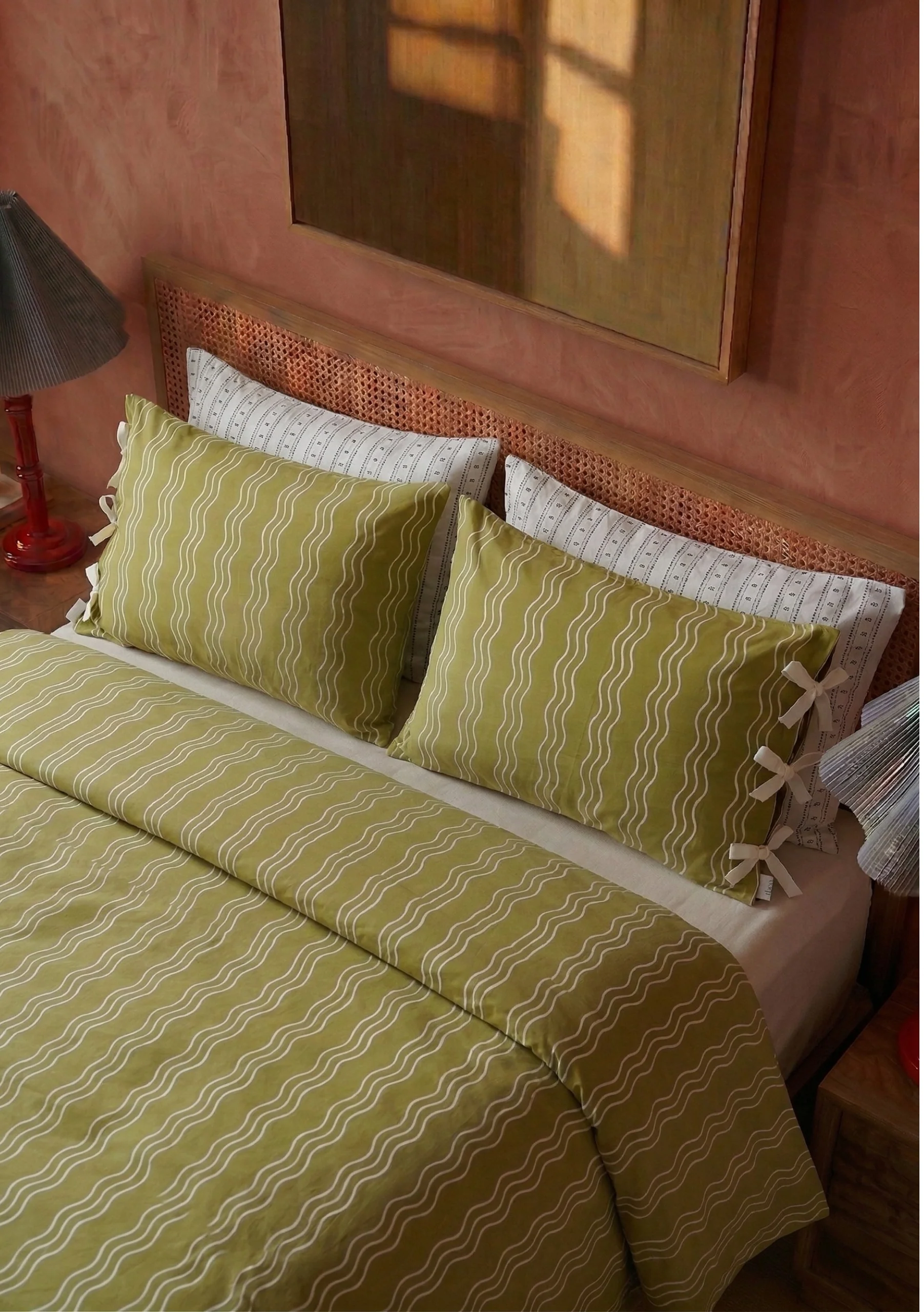Pair of Cotton Pillowcases in Olive Wave - Image 2