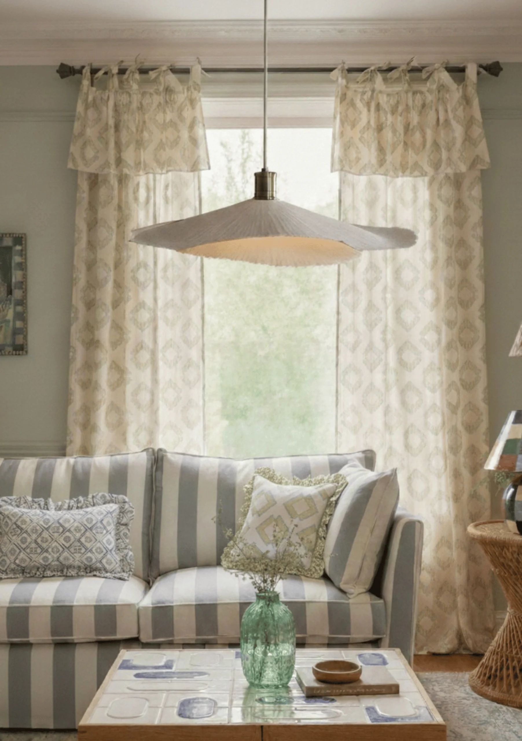 Pair of Cotton Tie-Top Curtains in Green Diamond
