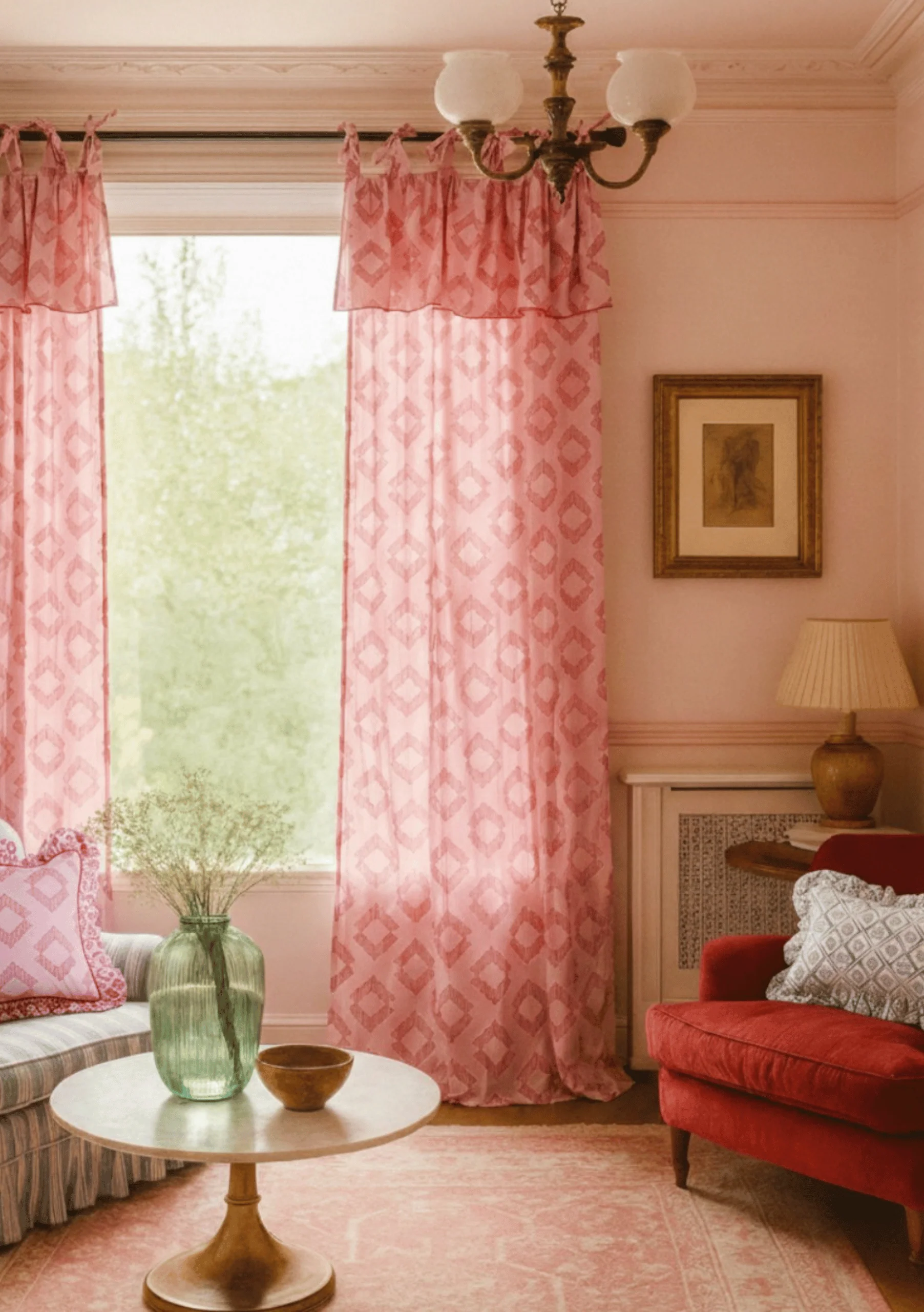 Pair of Cotton Tie-Top Curtains in Pink Diamond
