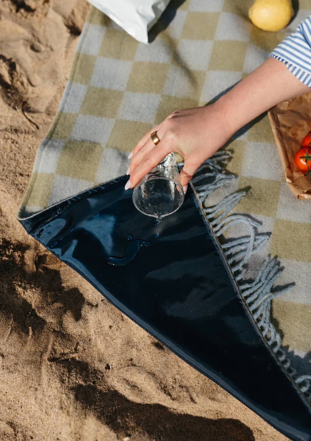 Water Resistant Recycled Wool Picnic Blanket in Green & Blue Checkerboard - Image 3