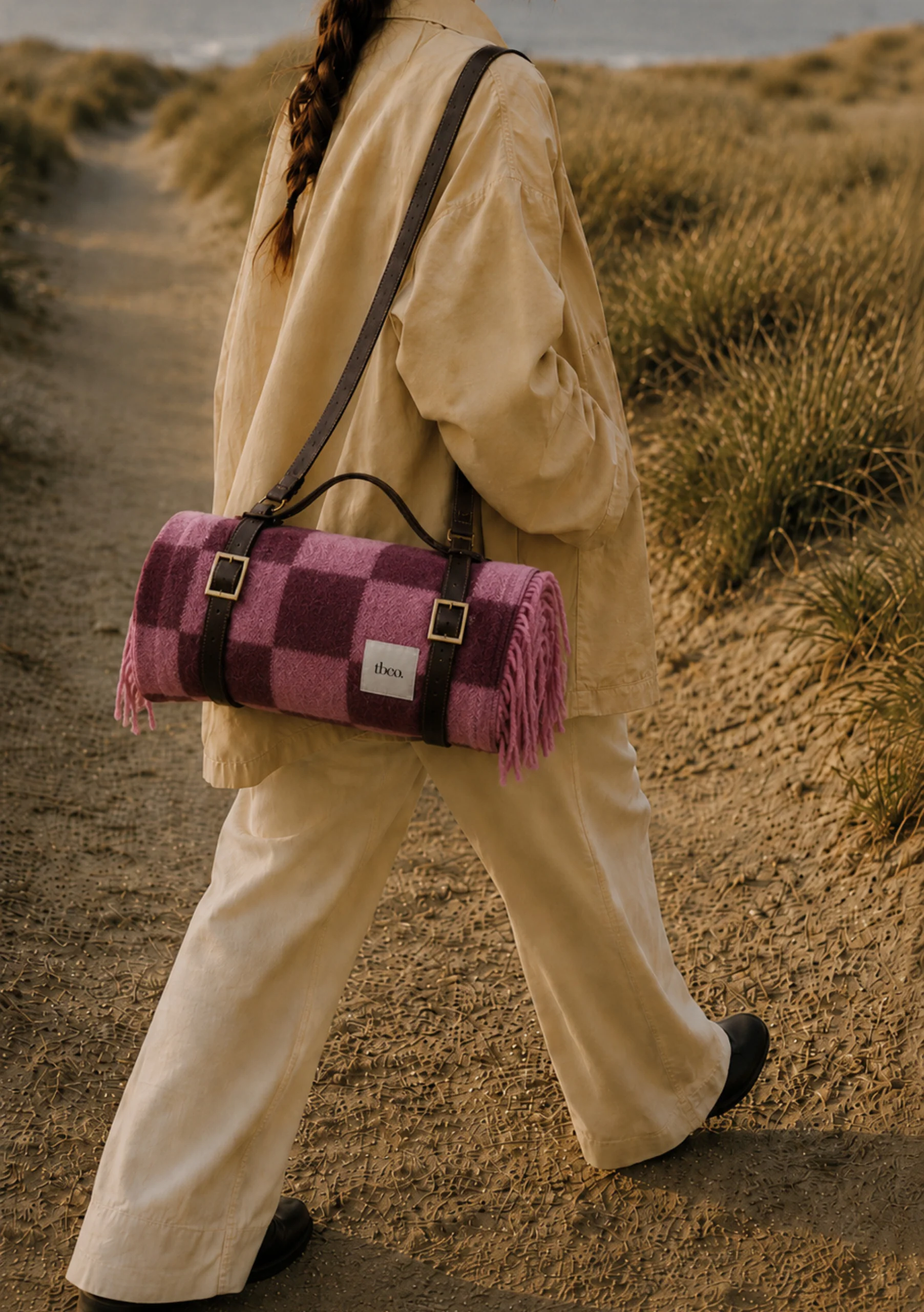 Water Resistant Recycled Wool Picnic Blanket in Rose & Fig Checkerboard - Image 3