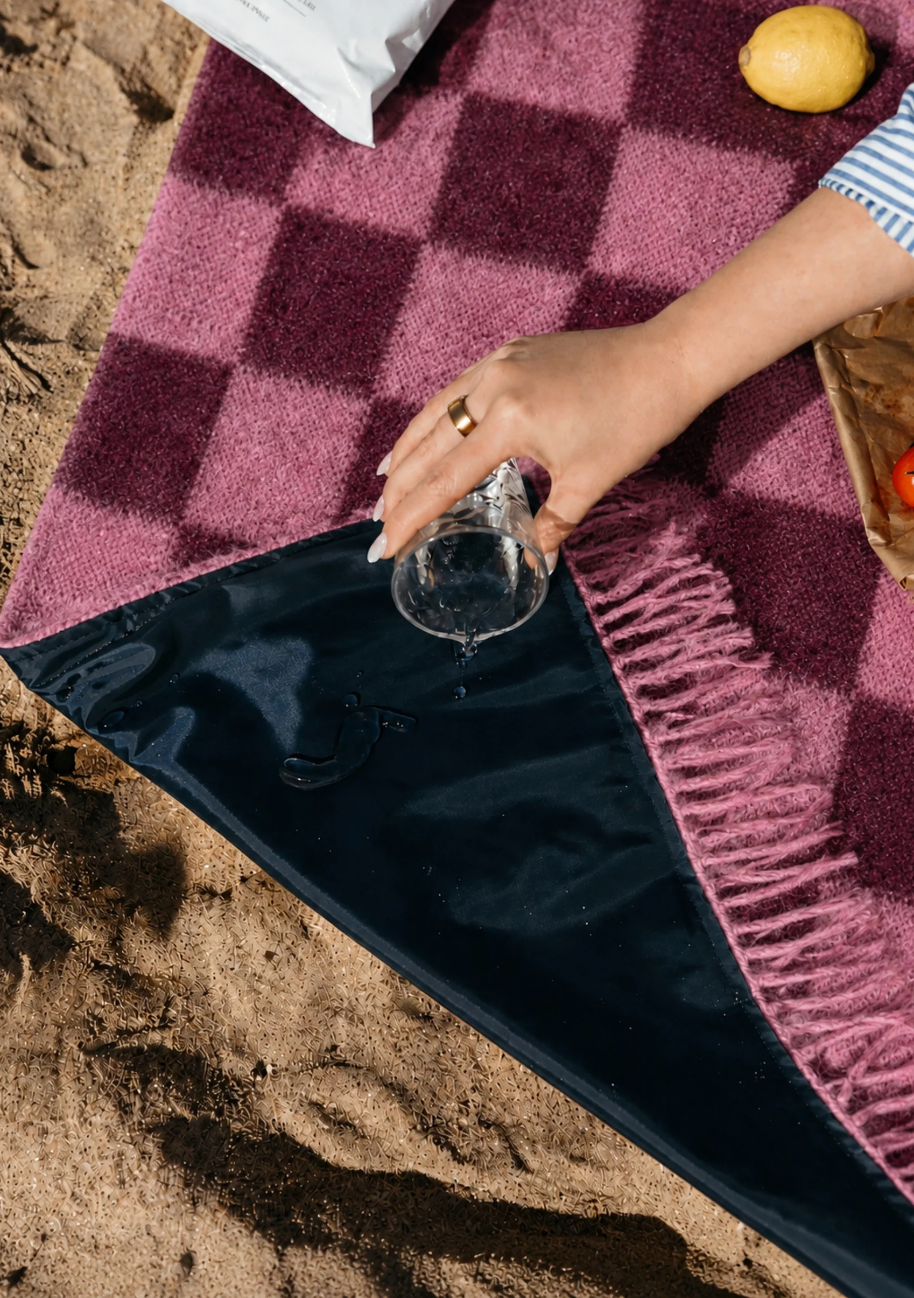 Water Resistant Recycled Wool Picnic Blanket in Rose & Fig Checkerboard - Image 4