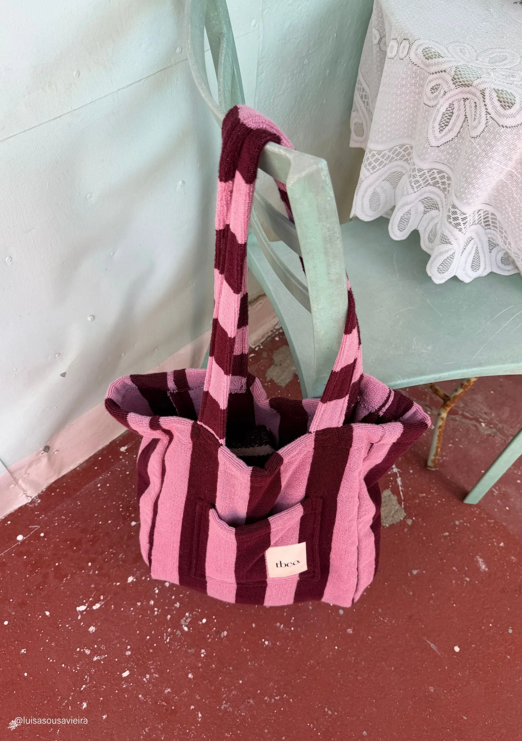 Terry Cotton Tote Bag in Burgundy Stripe - Image 2