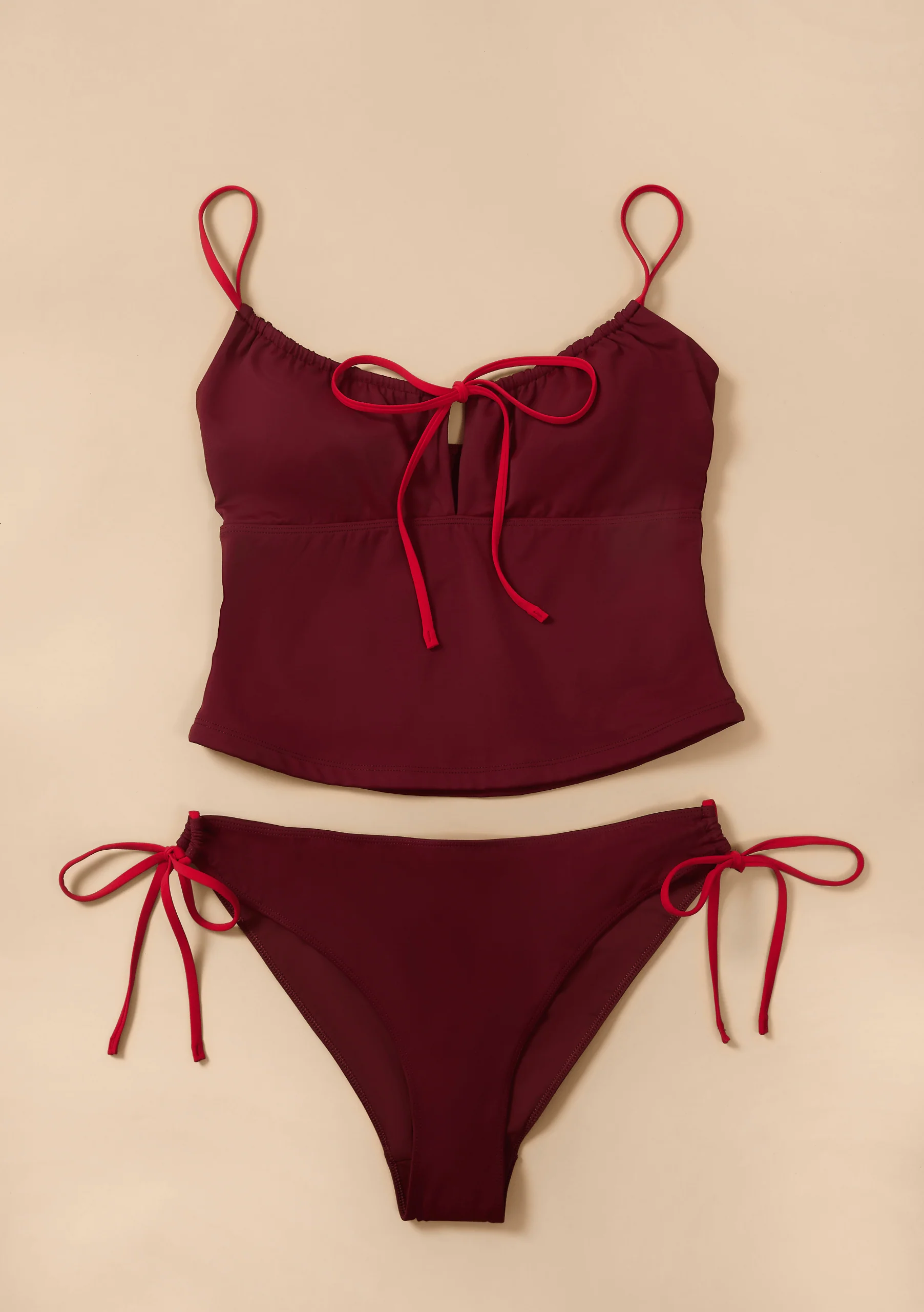 Pre-order Tie Tankini Bottoms in Burgundy & Red - Image 2